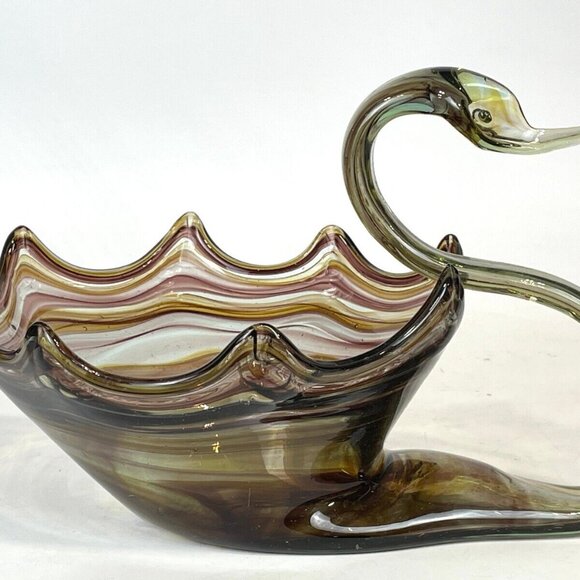 Murano VTG Sonner Swirl of colors Style Hand Blown Art Glass Swan Bowl Dish. - Picture 2 of 9